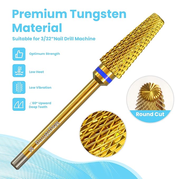 Super Cut 5 In 1 Nail Drill Bits，Tapered 3/32'' Safety Tungsten Bits, Upward Cut for Hard Gel Removal, Right Hand Use, Manicure Cuticle Gel Polishing, Technicians Bits, Gold, Medium.