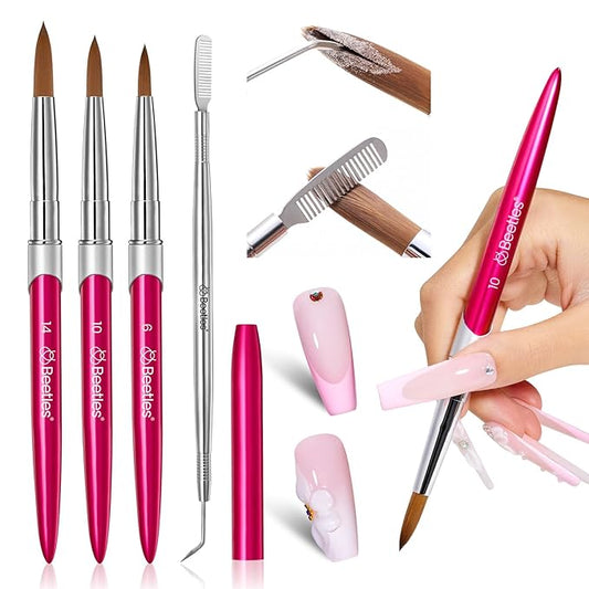 Beetles Acrylic Nail Brush - 3pcs Size 6/10/14 Kolinsky Acrylic Nail Brushes with Cleaner Tool for Acrylics Powder, Nails Extension, 3D Carving Nails Art Tools Home DIY Salon Manicure Design Tool