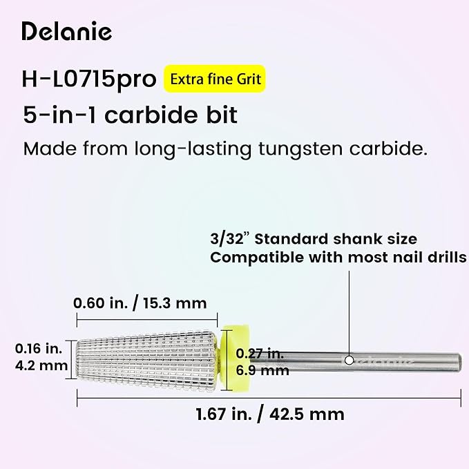 Delanie 5-in-1 Carbide Nail Drill Bit for Professional Nail Tech, 3/32", Extra Fine Grit
