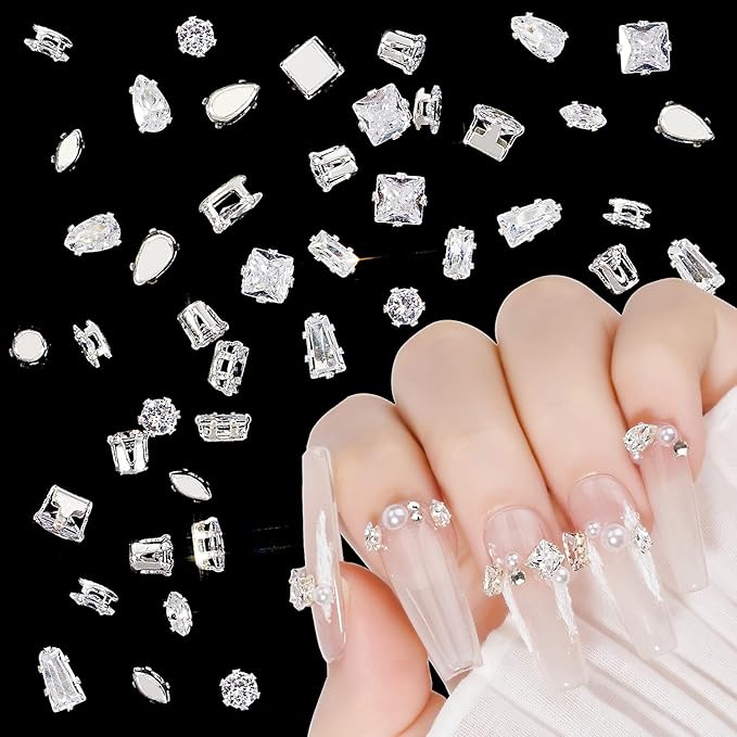 HNUIX 3D Nail Charms and Gems - 120Pcs Copper Metal Zircon, Silver Multiple Shape Smal Crystals Rhinestones, Nail Decorations Accessories for Nails Design