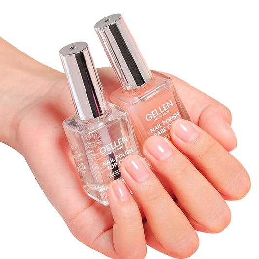Gellen Clear Nail Polish Base Top Coat, No Wipe Shine Top Coat & 4-In-1 Tinted Nude Base Coat Strengthens Nails - Calcium, Quick Dry Natural Color Regular Nail Polish, Not UV Gel, Hema Free, Non-toxic
