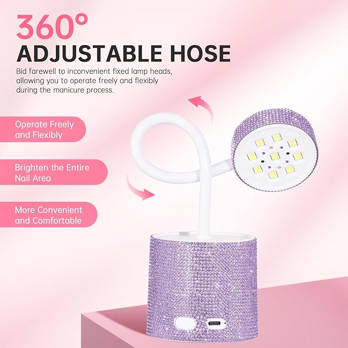 UV LED Nail Lamp, Mini UV Light for Gel Nails Polish, Rechargeable LED Flash Cure Nail Dryer, Quick Drying Goosenecks UV Nail Lamp for Home Nail Salon DIY Manicure, Purple Diamond