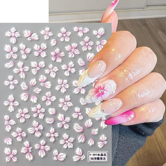 Flower Nail Sticker for Nail Art,Spring Nail Decals Embossed 5D Embossed Crystal Camellia Four-Petal Floral Nail Design Lovely Flowers for Nails Adhesive Gel Slider Charm Decor Manicure Accessories