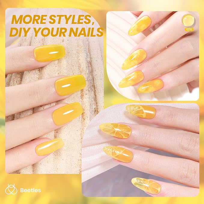 Beetles Yellow Gel Nail Polish, 15ML Clear Yellow Jelly Gel Polish Sheer Translucent Effect Neutral Nail Polish Soak Off UV Golden Sunshine Series French Nail Art Manicure Salon Gift for Women