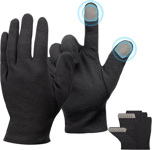 5 Pairs Small Black Cotton Gloves for Dry Hands Sleeping, Black Work Gloves for Coin Handling, Jewelry, Photography for Men and Women, with 20 Touchscreen Stickers