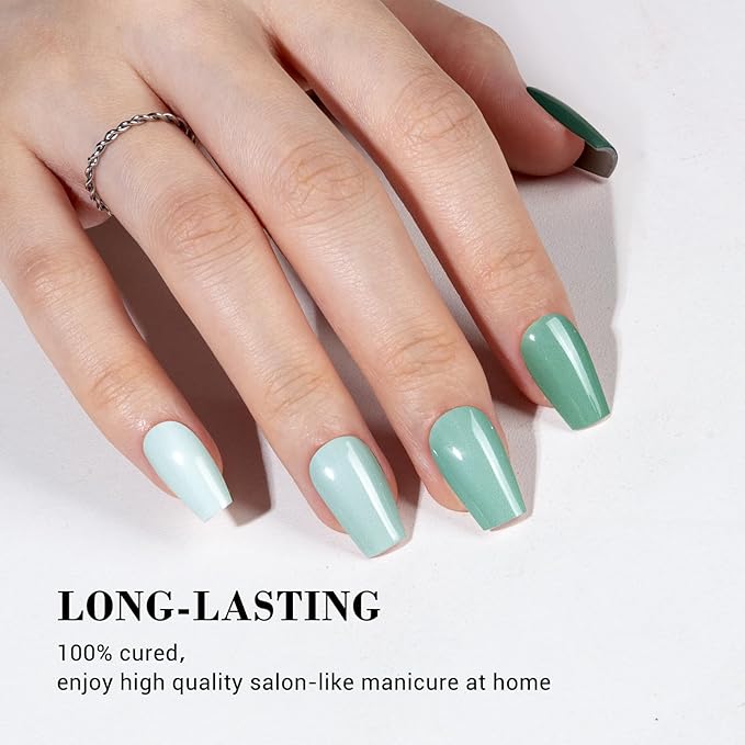 MelodySusie 30PCS Semi Cured Gel Nail Strips (Green Harmony), Works with Lamp, Salon Quality, Long Lasting, Easy to Apply and Remove, Includes 2 Prep Pads, Nail File & Wooden Stick