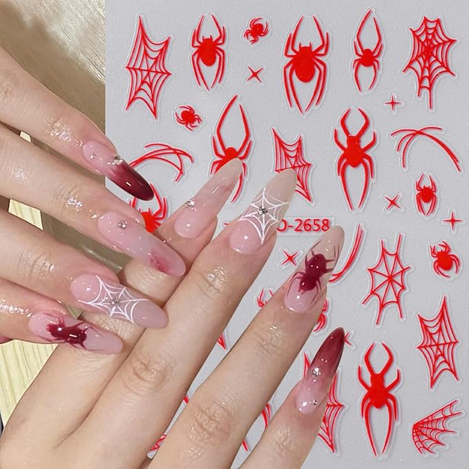 6 Sheets Halloween Spider Nail Stickers White Red Black Spider Web Nail Art Stickers 3D Self-Adhesive Horror Spiders Nail Decoration Scary Halloween Nail Decals for Women Girls Nail Art Designs