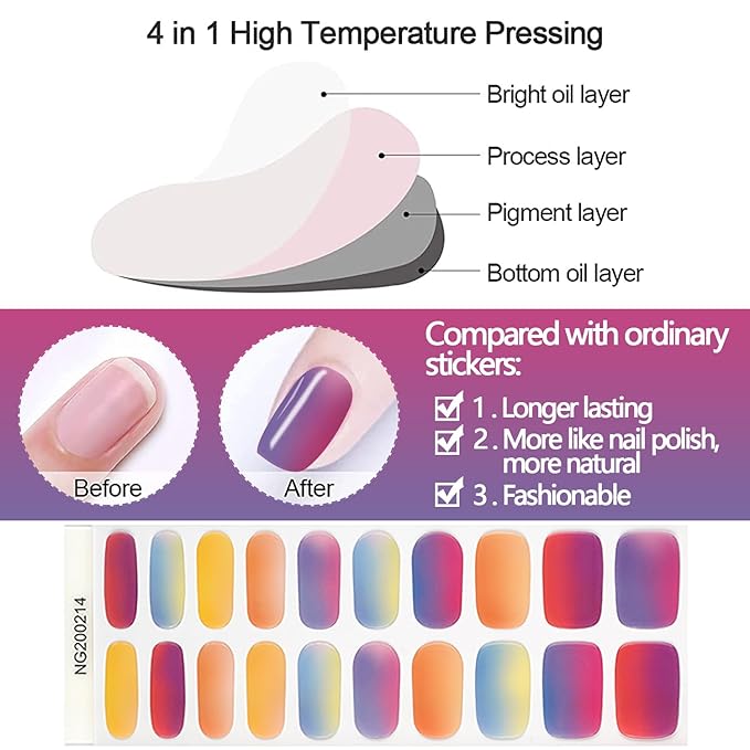 WOKOTO 20 Pcs Gradient Semi Cured Gel Nail Strips With Nail File & Wooden Stick Semicured Nail Polish Strips For Women Girls Gel Nail Wraps Uv Light Gel Nail Stickers Stick On Nails Gel Stickers