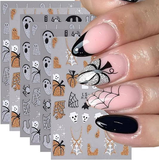 Halloween Nail Art Stickers Decals Glitter Pumpkin Ghost Nail Stickers 6PCS 3D Self-Adhesive Spider Web Spider Knife Ghost Design Halloween Stickers Manicure Supply for Women Holiday DIY Nail Salon