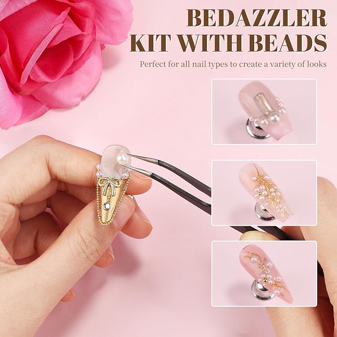 2 Boxes Sparkling Nail Pearls/Beads Kit, 1.5-5mm Beige & White Flatback Pearls and 0.8-3mm Silver & Gold Nail Caviar Beads for Women DIY Manicure Crafts (10-S2-Pearls)