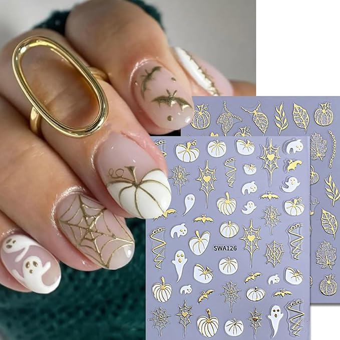 4 Sheets Halloween Nail Art Stickers Decals Fall Nail Decals Gold 3D Self-Adhesive Ghost Bat Spider Web Pumpkin Nails Decor Autumn Maple Leaf Nails Designs Stickers for Women Party Manicure Supplies
