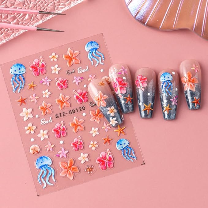 Summer Nail Art Stickers Decals Starfish Jellyfish Flower Nail Stickers Self Adhesive Nail Design 5D Embossed Nail Decals Ocean Theme Summer Manicure Sliders Accessories for Women DIY Nails Decoration