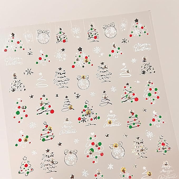 1 Sheet Christmas Tree Nail Art Sticker 5D Embossed Colorful Christmas Tree with Gold and Silver Pearl Nail Sticker Decal Acrylic Nail Supplies for Women Girls DIY Nail Art Decoration