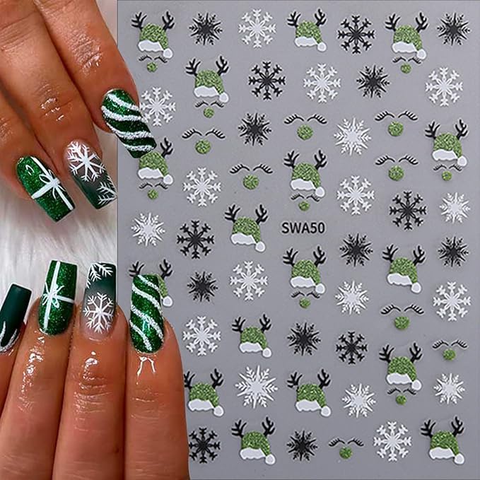 8 Sheets Christmas Nail Art Stickers 3D Self-Adhesive Hot Stamping Elk Snowflake Nail Stickers Glitter Christmas Hat Nail Decals Acrylic Nail Supplies for Women Girls DIY Manicure Decoration