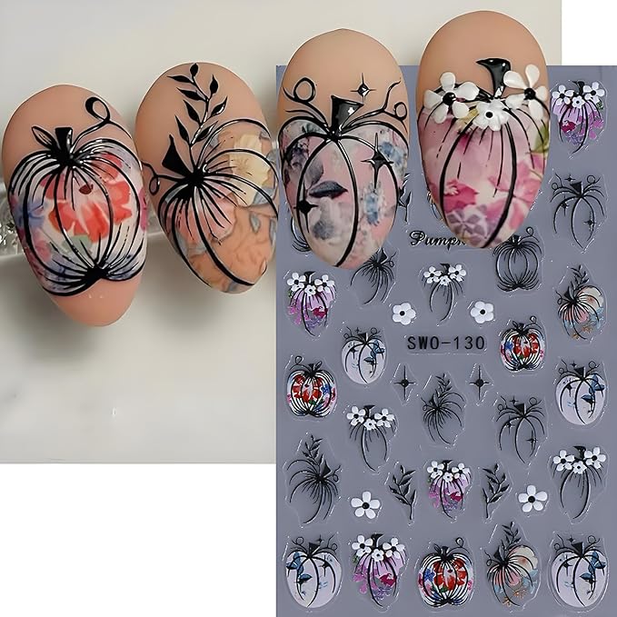 Halloween Nail Art Stickers, Halloween Pumpkin Nail Decals 3D Embossed with Grass Flowers Star Design 2PCS Pumpkin Nail Art Supplies for Women Decoration