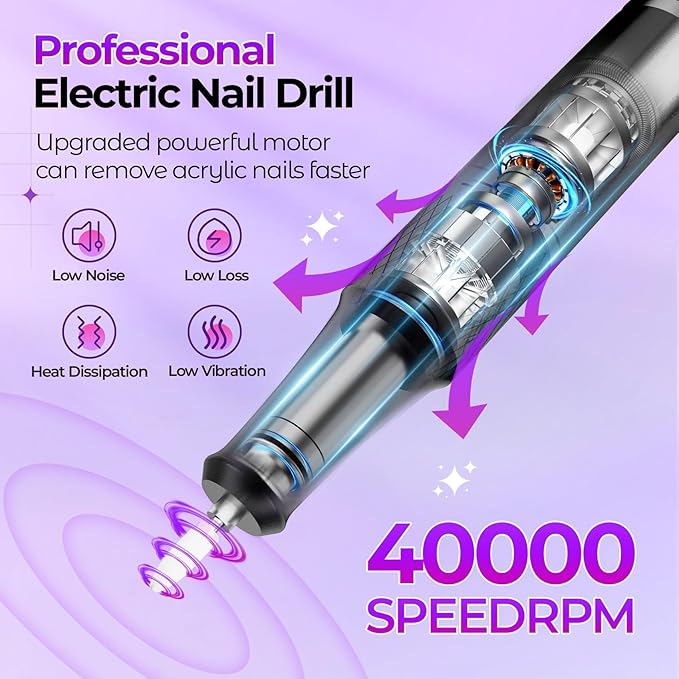 Nail Drill Electric File: 40000RPM Professional E File Kit E File Machine Filer for Shaping, Buffing, Removing Acrylic Gel Nails, Manicure Pedicure Kit with 12Pcs Nail Bits, Home Salon Use
