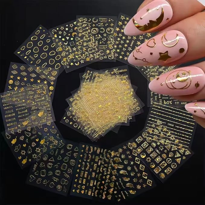 30 Sheets Gold Nail Stickers Star Moon Nail Art Stickers 3D Embossed Self Adhesive Nail Decals Letter Heart Nails Design Summer Nail Art Decals for Women Manicure DIY Decoration