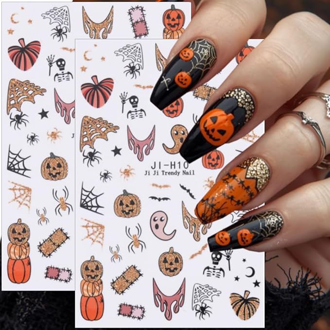 6 Sheets Cute Halloween Nail Art Stickers Evil Pumpkin Ghost Nail Stickers 3D Self-Adhesive Goth Skeleton Spider Web Bat Nail Decals Gothic Halloween Nail Decorations for Acrylic Nail Supplies