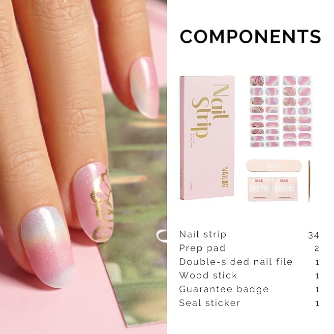 NAILOG 34 Pcs Rainbow Butterfly Gel Nail Strips - Pink Extra Long Nails with Glossy Gel Finishing for Spring Summer, Flying Wings