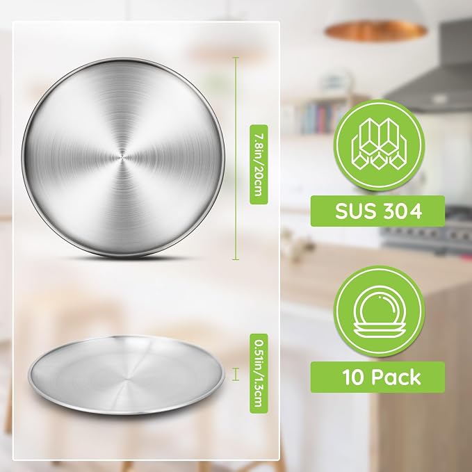10 Stainless Steel Plates, 7.8 inch 304 Metal Camping Plate, Reusable Food - Image 2