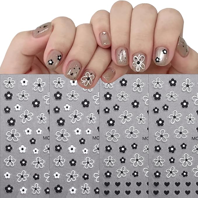 4 Sheets Embossed Flower Nail Art Stickers Flower Nail Decals 5D Self Adhesive Black and White Floral Nails Design Stickers Jelly Nail Supplies for Women and Girls Acrylic Manicure Decoration