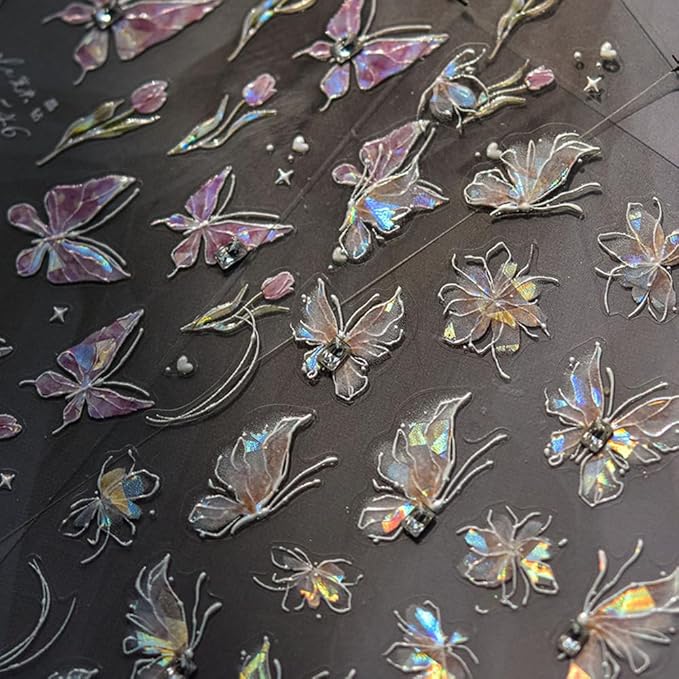 1Pcs Butterfly Nail Stickers 5D Embossed – Premium Salon-Quality Nail Charms with Crystal Diamond Design Accessories, Easy Application & Self-Adhesive Retro Butterflies Decal for DIY Manicure Nail Art
