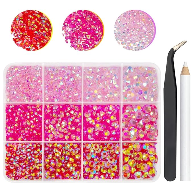 Transparent Pink Red AB 3 Color Jelly Resin Rhinestones for Crafting 3mm 4mm 5mm 6mm Flatback Hot Pink Clear Stones Gems Diamonds Charms for Nails Eyes Face Makeup Crafts DIY Tumblers Bottles