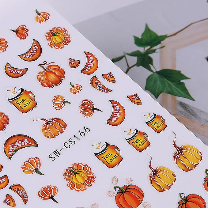 6 Sheets Fall Nail Art Stickers 3D Self-Adhesive Maple Leaf Nail Stickers with Ear of Wheat & Chestnut Designs DIY Pumpkin Nail Decal Supplies for Women Nail Art Manicure Decoration Accessories