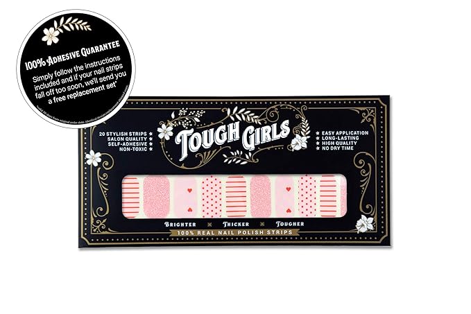 | 20 Exquisite Gel Nail Polish Strips w/Application Accessories - No UV/LED Lamp Required (Pink Glitter, Dots, Hearts & Lines)