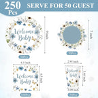 Pickmesh 250 Pcs Blue Floral Baby Shower Party Supplies Decorations Serve 50 - Image 3