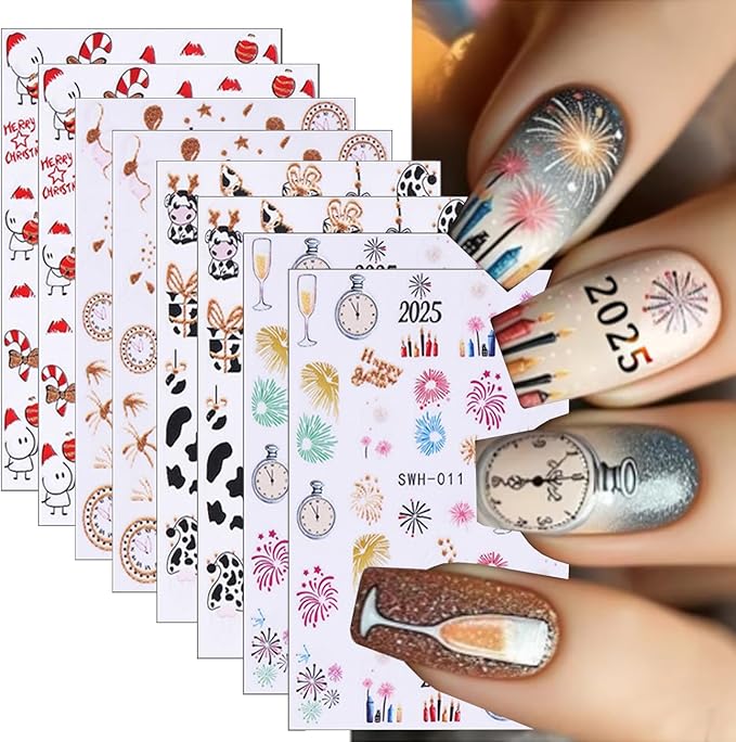 8 Sheets Christmas Nail Art Stickers - 3D Clock Glitter Firework Balloon Design, Candy Cane Cute Cartoon Cow Light Decals for Winter Xmas and New Year's - Supplies for Women Girls