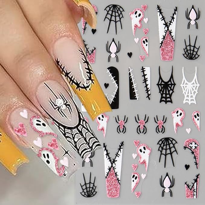 5 Sheets Halloween Nails Stickers French Tip Spider Web Nails Art Stickers 3D Self-Adhesive Supplies Nail Decal with Luminous Ghost Skeleton Design Nail Sticker for Nail Art Women's DIY Decoration