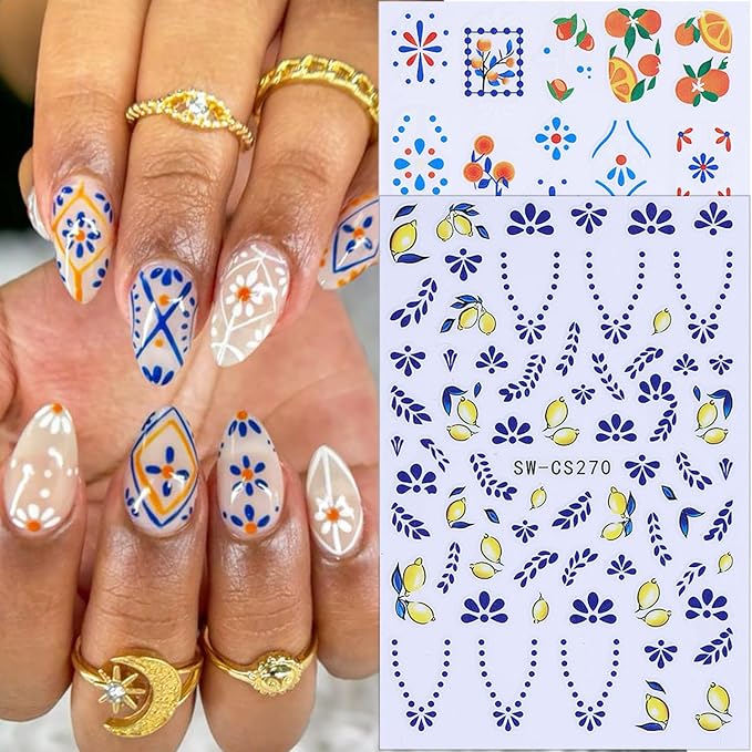 6 Sheets Autumn Fruit Nail Decals for Nail Art 3D Self-Adhesive Orange Lemon Nail Art Stickers Bohemian Style French Tip Nail Stickers Fall Flower Nail Supplies for Women Acrylic Nails Decoration
