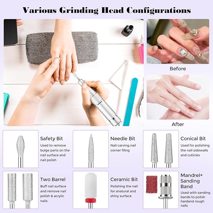 Professional Nail Drill Machine: 45000 RPM, LCD Display, Rechargeable Battery, for Acrylic & Gel Nails - Perfect for Salon and Home Use (White)
