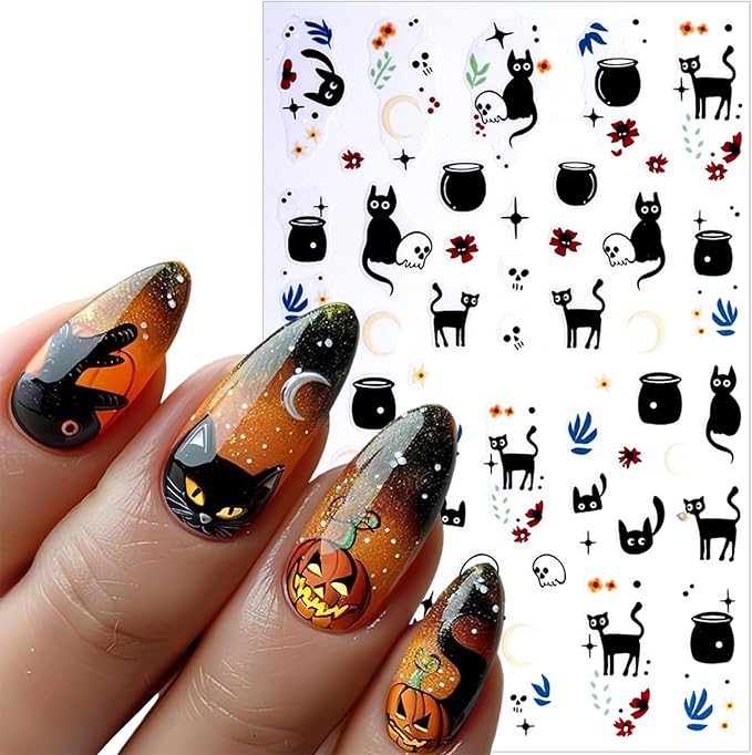 4 Sheets Halloween Nail Stickers Flower and Horror Cat Nail Art Stickers Skeleton Design Nail Decals Halloween Decoration Manicure DIY for Women