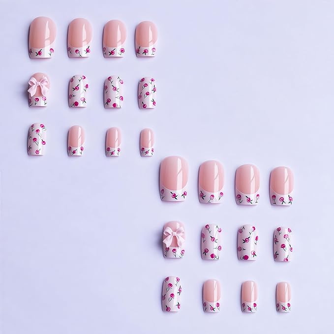 French Flowers Press on Nails Medium Square Fake Nails with Bow Rhinestones Design False Nails Glossy Spring and Summer Flowers Glue on Nails Artificial acrylic for Women Nails Decoration 24Pcs