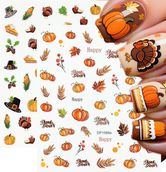 6 Sheets Fall Nail Stickers for Nail Art Glitter Maple Leaf Pumpkin Nail Decals Fruit Turkey Nail Design Stickers 3D Self-Adhesive Thanksgiving Acrylic Nails Art Supply for Women Manicure Decorations
