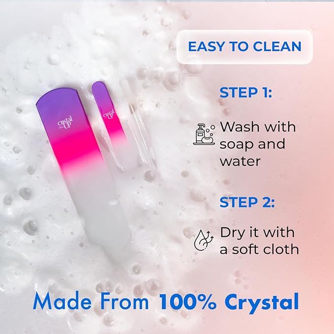 Starter Crystal Care Set - 3PC Includes Glass Foot Scraper, Medium Crystal File, and Cuticle Stick for Natural Nails, Glass File Kit