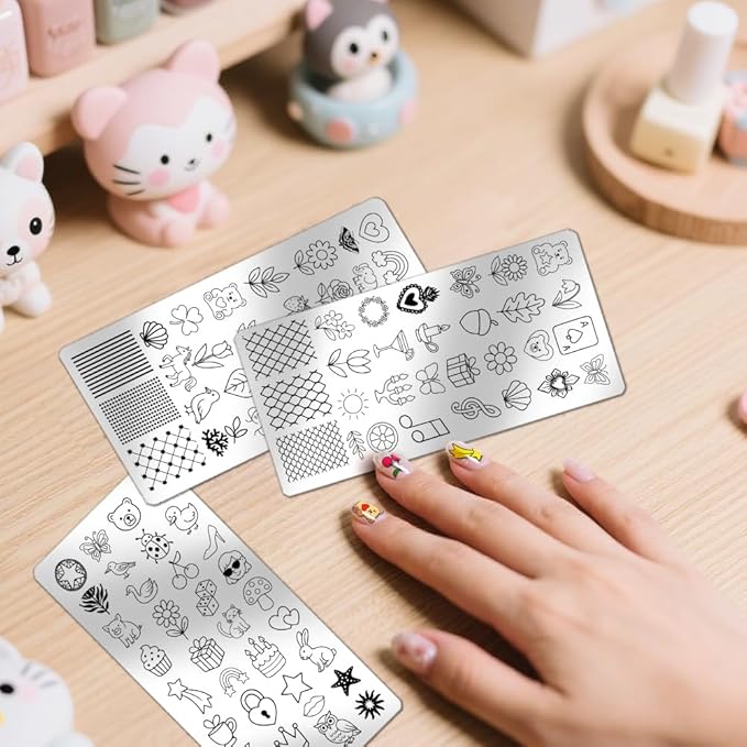 PH PandaHall 3pcs Cute Animals Nail Stamping Plates Flower Fruit Nails Art Templates Dessert Cake Nails Image Plates Cartoon Pattern Manicures Art Stencils for Women Manicures Salon Design Printing