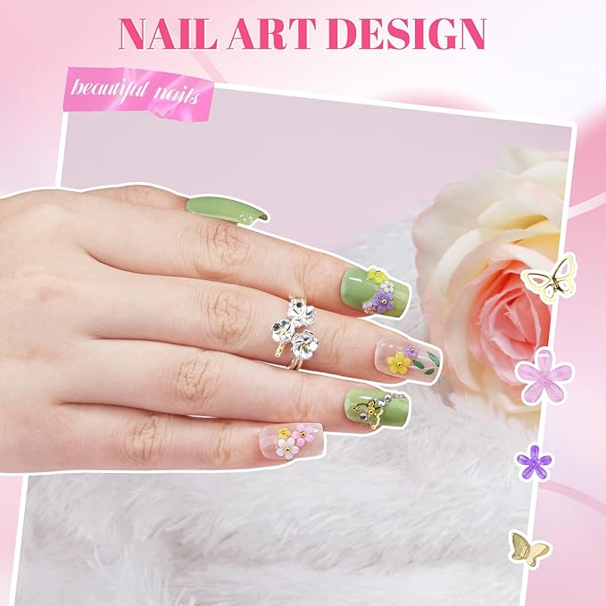 2 Boxes Colorful Flower Nail Charms and Gems, Pink/White/Purple Nail Flower Charms Metal Butterfly Clear Rhinestones Gemstones Silver Caviar Beads White Flatback Pearls with Nail Chain (4-S2-Mixed1)