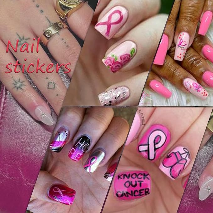 6 Sheets Breast Cancer Nail Art Stickers 3D Self-Adhesive Heart Letter Nail Stickers Pink Ribbon Nail Decals Breast Cancer Awareness Nail Design Supplies for Women Acrylic DIY Manicure Salon