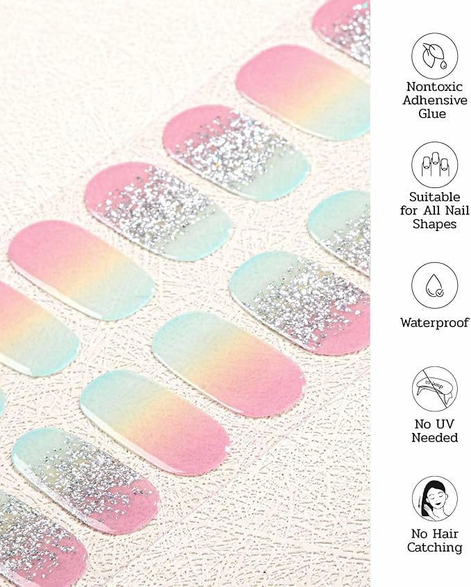 Nail Polish Strips - 22 Pcs Salon Quality Gel Nail Stickers - Long Lasting Wraps (Rainbow Basket Blue&Yellow)