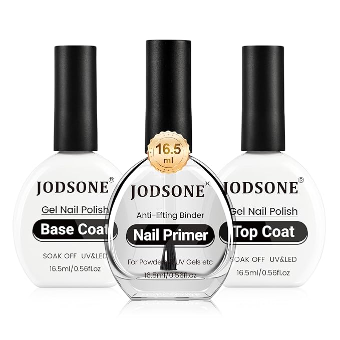 JODSONE 3Pcs 16.5ml Top Coat and Base Coat Set with Nail Primer No Wipe Top Coat Base Need U V Lamp Cured Nail Primer for Helping Nail Polish Adhere Better to Natural Nail