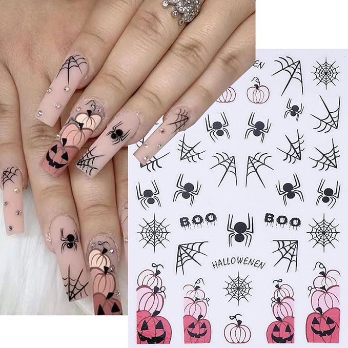 5 Sheets Halloween Nails Stickers Spider Web Bat Nails Art Stickers 3D Self-Adhesive Supplies Nail Decal with Evil Pumpkin Skeleton Design Nail Sticker for Nail Art Women's DIY Decoration