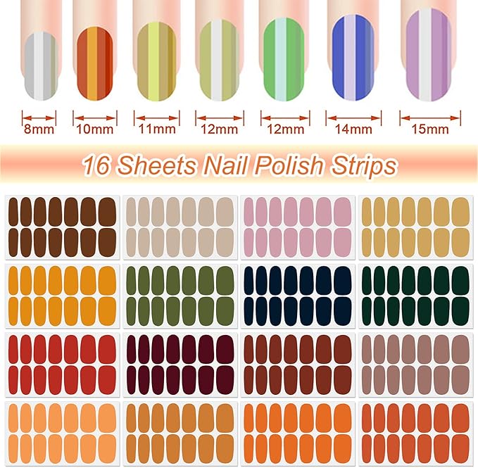 DANNEASY 16 Sheets Bright Color Nail Polish Strips Full Nail Wraps for Women Gel Nail Strips Self Adhesive Nail Polish Stickers Fingernails Manicure Accessories with Nail File, Cuticle Stick