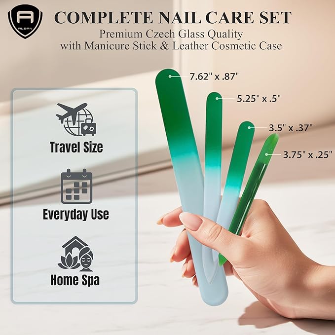 Alban Czech Glass Nail File Parent (Green & Green Manicure, 5, Count, 180/240 Grit)