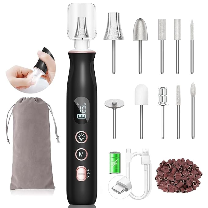 Nail Drill Electric Nail File - Cordless Professional Nail Filer for Manicure and Pedicure, Portable Nail Drill Machine Kit for Acrylic Gel Nails Thick Toenails Nail Grind (Black)