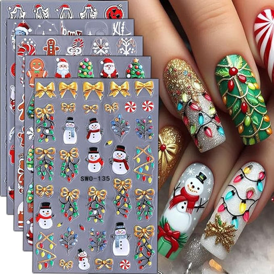 5Pcs Christmas Nail Stickers 5D Christmas Tree Snow Man Nail Decals DIY Self Adhesive Bow Light Cute Snowman Nail Design 3D Nail Decoration Supplies Holiday Manicure Accessories for Women Girls