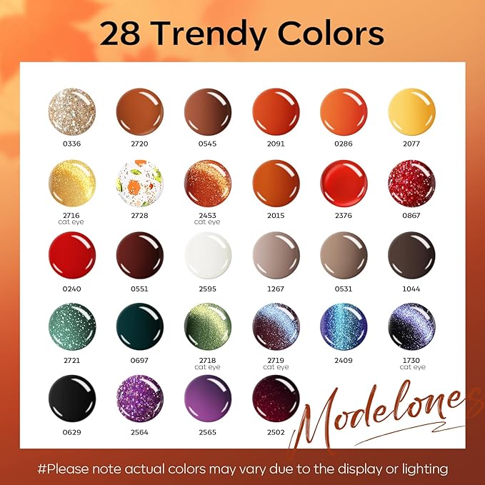 Modelones 32 PCS Fall Gel Nail Polish Kit, 28 Colors Cat Eye Glitter Brown Red Orange Gel Polish with Base Coat, Glitter & Glossy & Matte Top Coat Soak Off LED Nail Art Kit Salon at Home