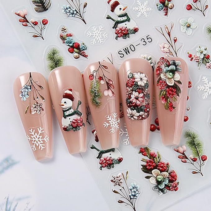 4Pcs Christmas Nail Stickers Red Bow Christmas Tree Leaf Nail Decals DIY Self Adhesive Snowflake Flower Group Cute Snowman Design Nail Decoration Supplies Holiday Manicure Accessories for Women